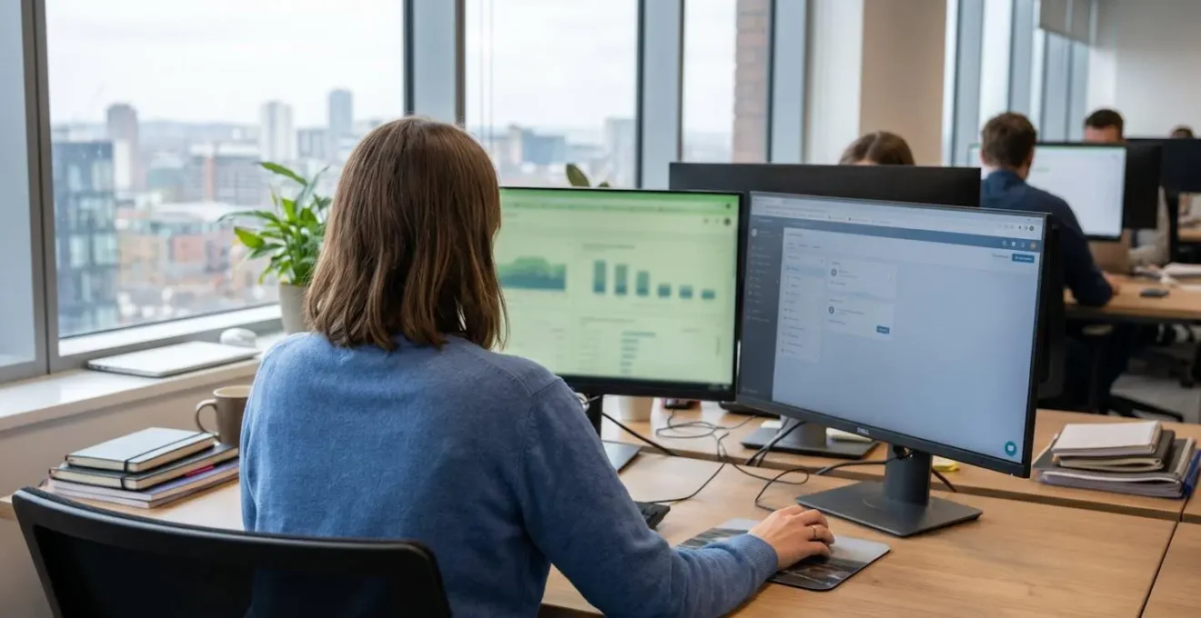 Professional working at dual monitors configuring software in a modern office, viewed from behind