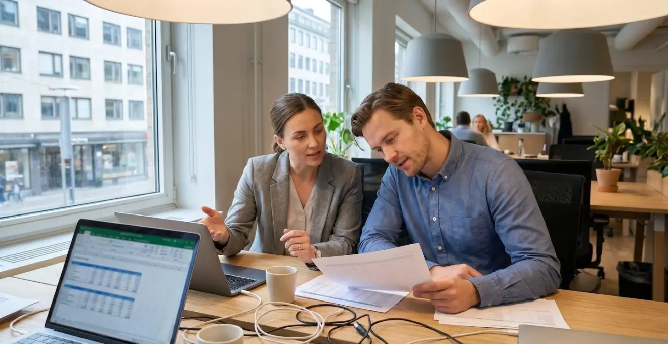 Two colleagues reviewing compensation data on a laptop in a modern office with natural lighting