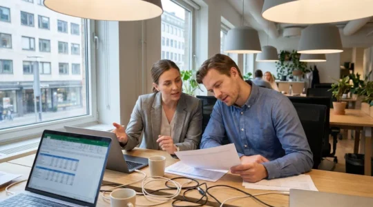 Two colleagues reviewing compensation data on a laptop in a modern office with natural lighting